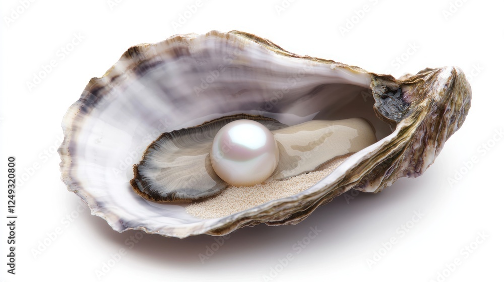 Naklejka premium Close-up of a beautiful pearl nestled in an open oyster shell on a clean white background