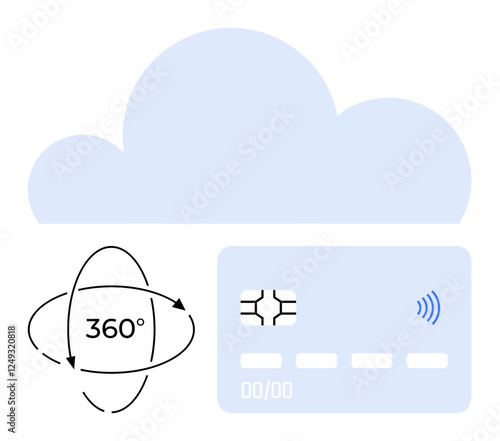 Cloud design, 360-degree access arrows, and a contactless payment card signify technologies, digital connectivity, and secure financial transactions. Ideal for banking, ecommerce, fintech