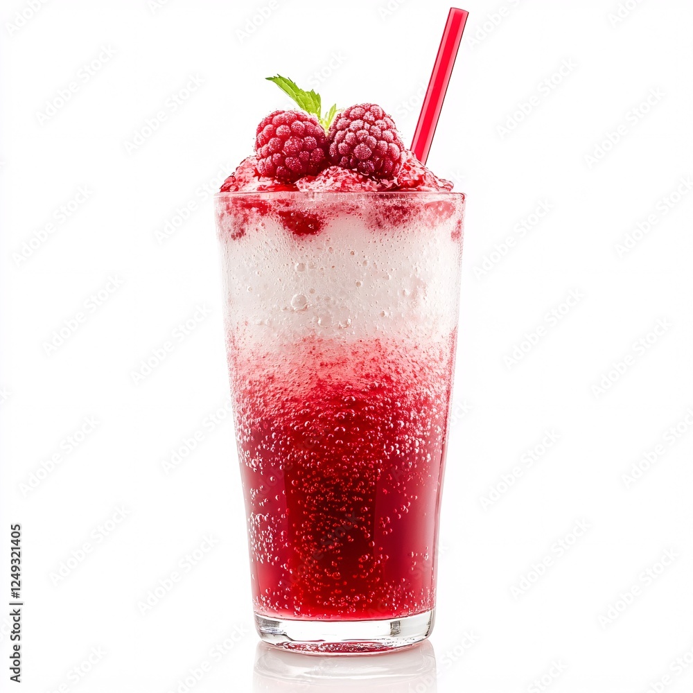 A layered Italian soda with raspberry syrup and soda bubbles rising, topped with a raspberry garnish and a straw