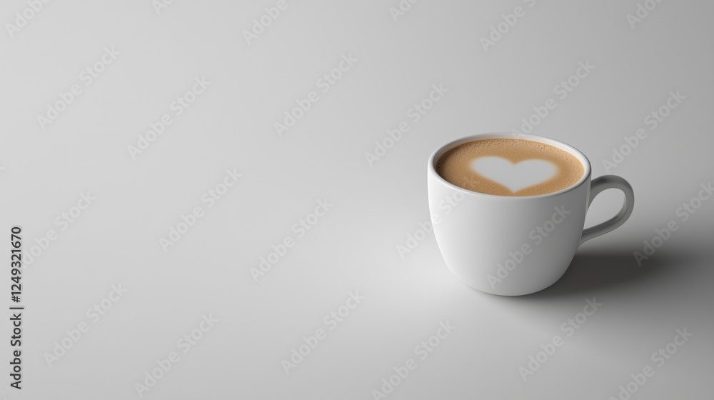A white coffee cup with a heart-shaped foam design on a light background. A white coffee cup with a heart-shaped foam design on a light background.