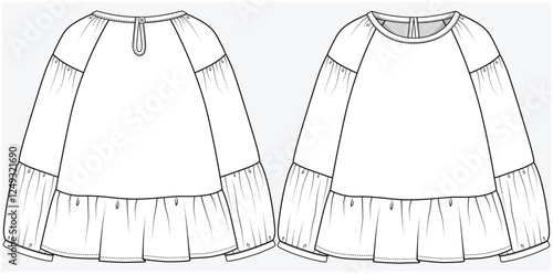 TIERED LONG SLEEVES WOVEN TOP WITH FRILL PEPLUM DETAIL DESIGNED FOR TEEN AND KID GIRLS IN VECTOR ILLUSTRATION FILE