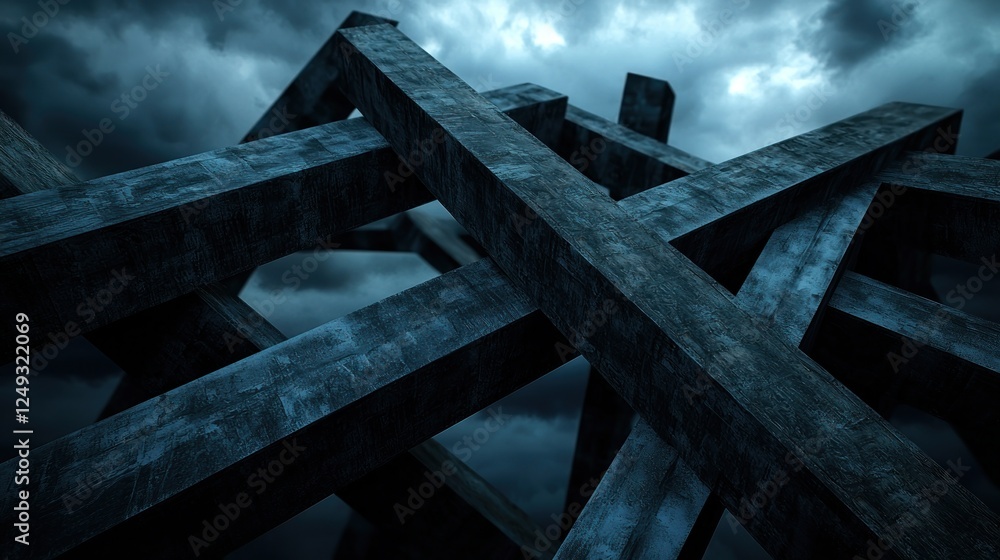 Abstract composition of intersecting dark structures under a stormy sky, evoking tension and depth Abstract composition of intersecting dark structures under a stormy sky, evoking tension and depth