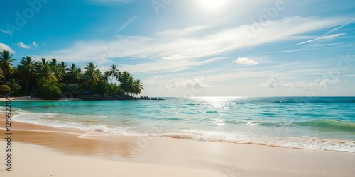 Fototapeta Naklejka Na Ścianę i Meble -  White sandy beach lined with lush palm trees on a sunny day in Sihanoukville, Cambodia, day, ocean, Sihanoukville