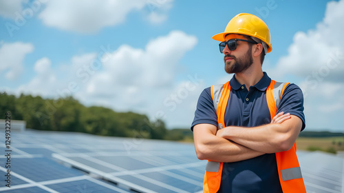 Professional Worker in Safety Gear Overlooking Solar Panels Under a Bright Blue Sky with Fluffy White Clouds on a Sunny Day