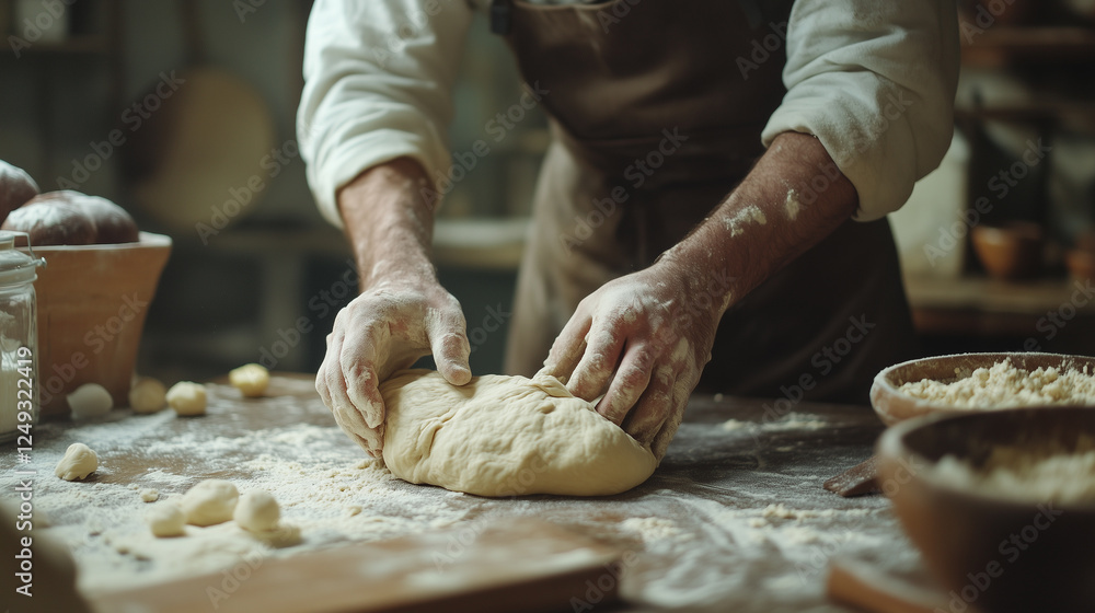Baker kneading dough in a rustic kitchen, artisanal bread-making process Baker kneading dough in a rustic kitchen, artisanal bread-making process