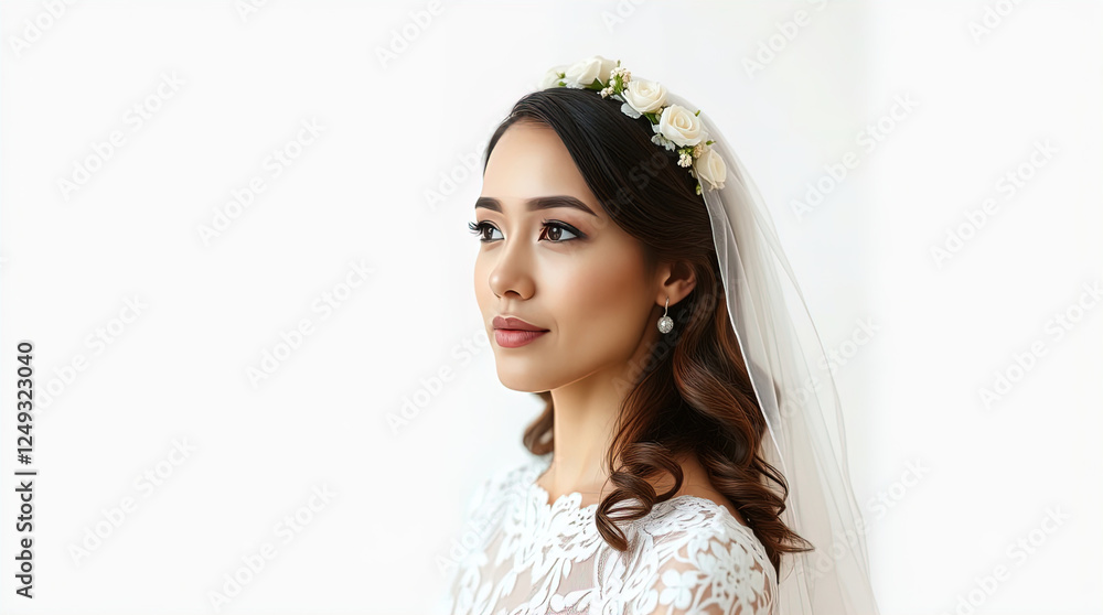 woman in wedding dress. white dress with lace details and elegant veil on hair decorated with floral pattern. wedding background, wedding wallpaper woman in wedding dress. white dress with lace details and elegant veil on hair decorated with floral pattern. wedding background, wedding wallpaper