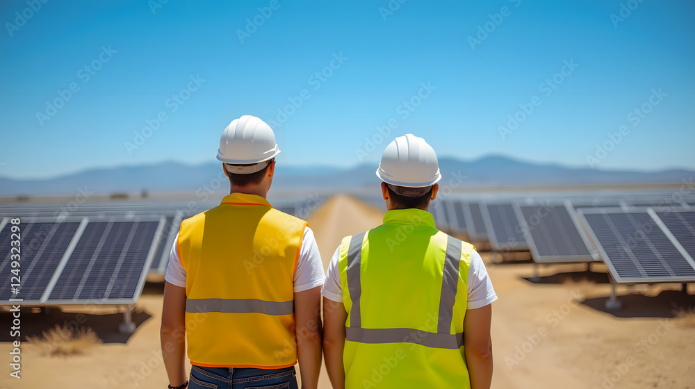 Two Workers in Safety Gear Observing Solar Panel Installation Under Clear Blue Sky in Renewable Energy Field Two Workers in Safety Gear Observing Solar Panel Installation Under Clear Blue Sky in Renewable Energy Field