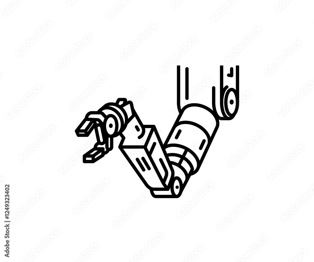Obraz premium Robotic arm, linear style icon on white background design. automation and robotics. Editable stroke line use black color