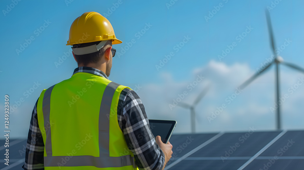 Engineer with Safety Gear and Tablet Monitoring Solar Panels and Wind Turbines in Renewable Energy Site Under Clear Blue Sky Engineer with Safety Gear and Tablet Monitoring Solar Panels and Wind Turbines in Renewable Energy Site Under Clear Blue Sky