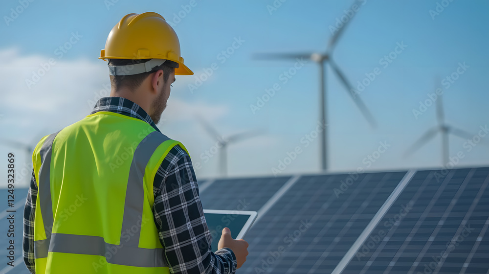 Construction worker with safety helmet and tablet standing near solar panels, wind turbines in the background under a clear blue sky Construction worker with safety helmet and tablet standing near solar panels, wind turbines in the background under a clear blue sky