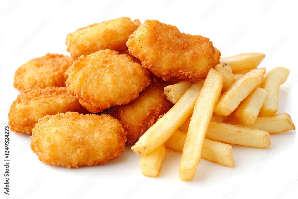 An isolated image of a stack of fries and nuggets on a clear background An isolated image of a stack of fries and nuggets on a clear background