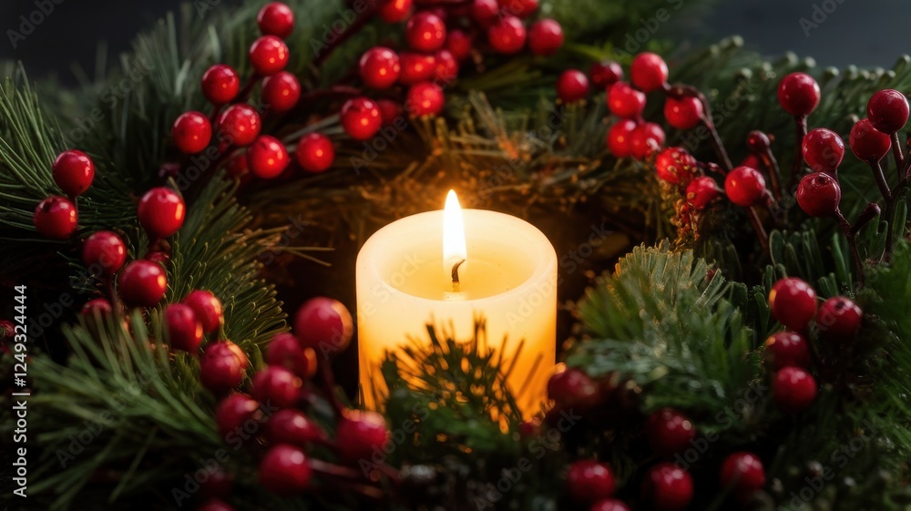 A warm candle flickers amidst festive greenery and vibrant red berries, creating a cozy holiday atmosphere. A warm candle flickers amidst festive greenery and vibrant red berries, creating a cozy holiday atmosphere.