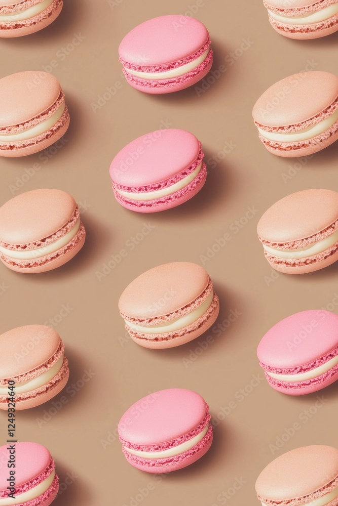 Pink macarons are meticulously placed in an orderly fashion against a soft brown background, showcasing their smooth texture