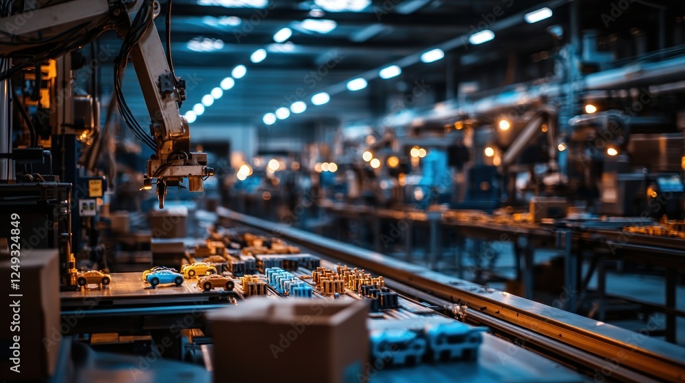 Automated assembly line in a factory with robotic arms assembling miniature cars and boxes Automated assembly line in a factory with robotic arms assembling miniature cars and boxes