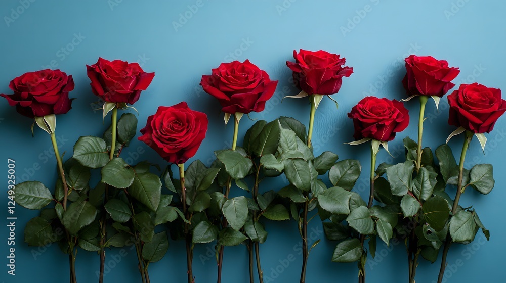 Crimson Romance: A row of seven deep red roses, elegantly arranged against a teal backdrop, creates a captivating image of passion and romance. Crimson Romance: A row of seven deep red roses, elegantly arranged against a teal backdrop, creates a captivating image of passion and romance.