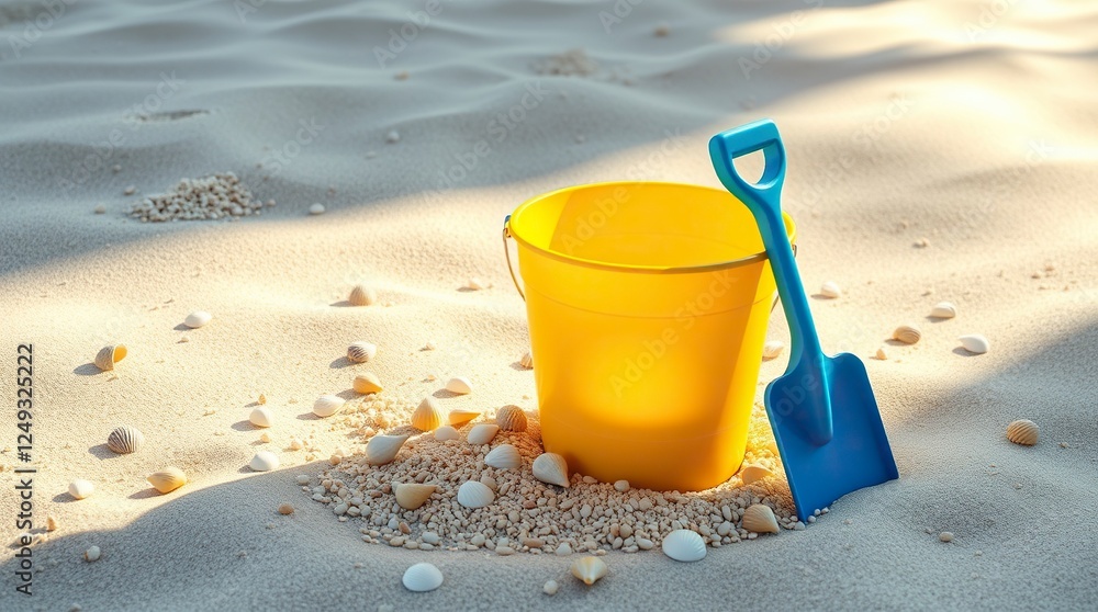 Beach Fun – Yellow Bucket and Blue Shovel on Sandy Shore Beach Fun – Yellow Bucket and Blue Shovel on Sandy Shore