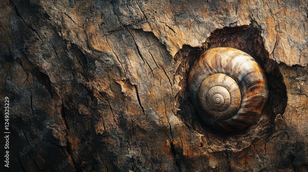Snail shell on weathered bark: nature's perfect integration in autumn light Snail shell on weathered bark: nature's perfect integration in autumn light