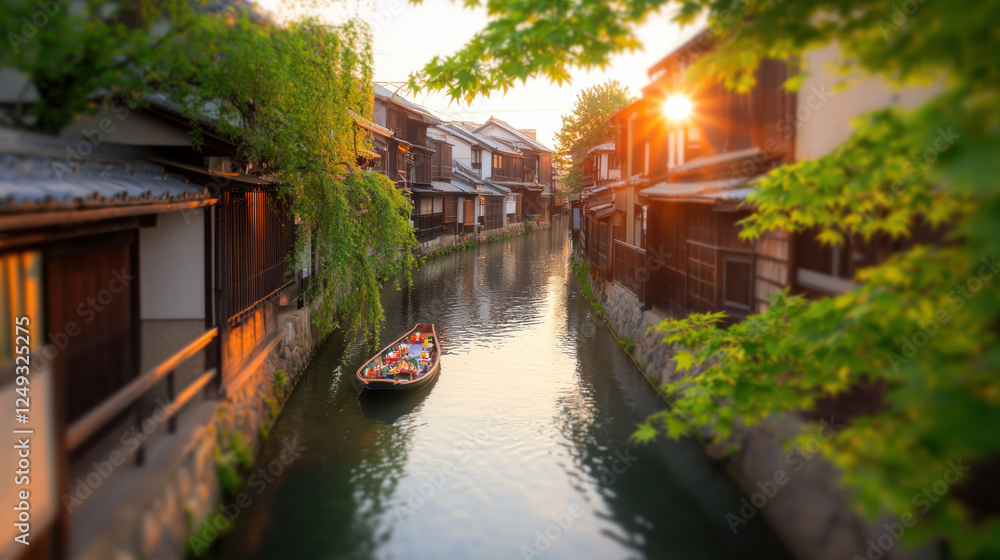 serene canal scene with boat surrounded by traditional wooden houses, reflecting cultural heritage and tranquility serene canal scene with boat surrounded by traditional wooden houses, reflecting cultural heritage and tranquility