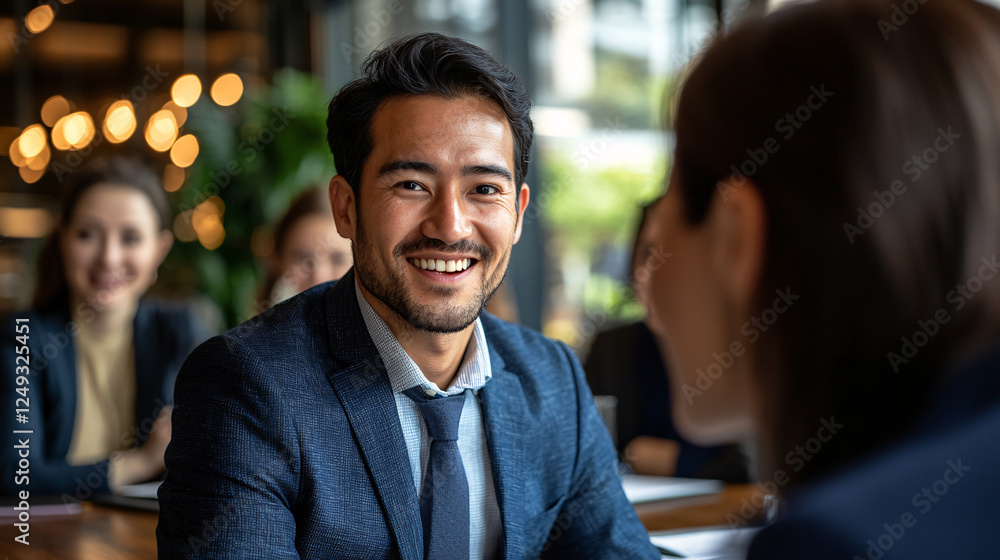 A smiling man in a suit engages in conversation with a woman, while others observe, highlighting a professional and friendly atmosphere. A smiling man in a suit engages in conversation with a woman, while others observe, highlighting a professional and friendly atmosphere.