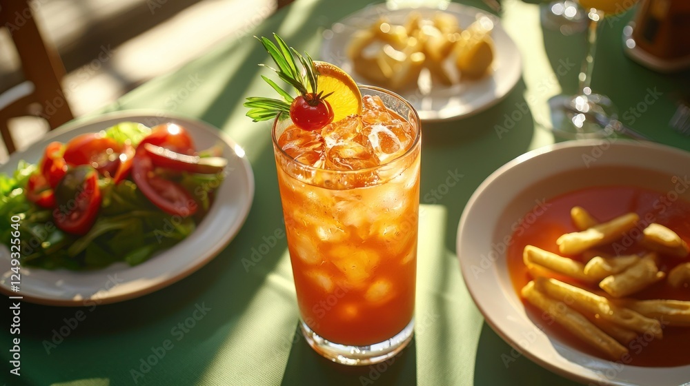 Iced drink on outdoor patio table with salad and appetizers Iced drink on outdoor patio table with salad and appetizers