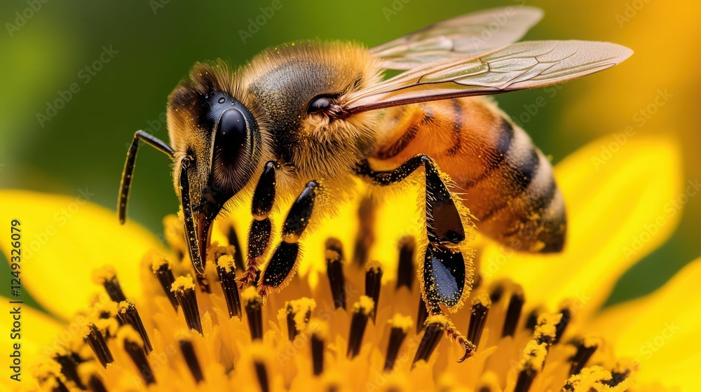 Close-up of honeybee pollinating a yellow sunflower Close-up of honeybee pollinating a yellow sunflower