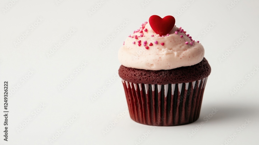 A delicious chocolate cupcake topped with pink frosting and a red heart on a white background. A delicious chocolate cupcake topped with pink frosting and a red heart on a white background.