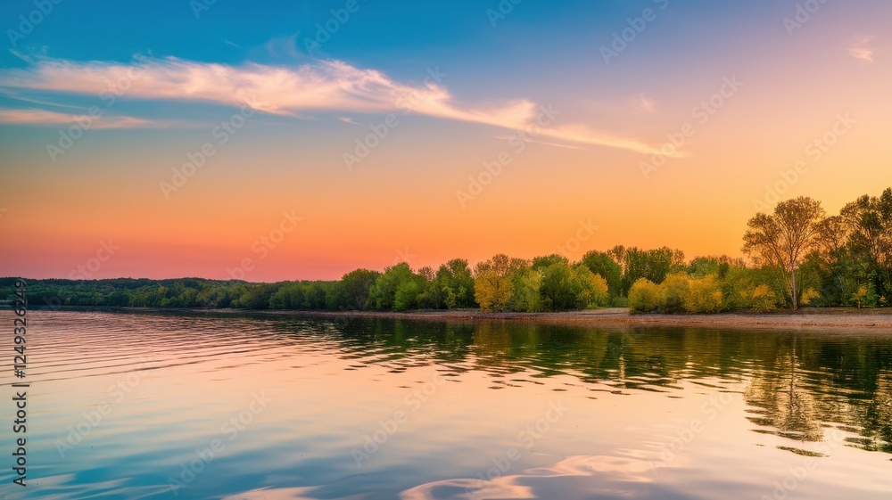 Obraz premium A serene sunset over a calm river, reflecting vibrant hues of orange, pink, and blue skies, with lush trees lining the banks.