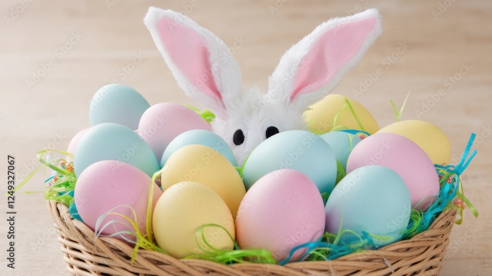 A playful Easter display featuring a bunny ear headband peeking out from a basket filled with colorful pastel eggs. A playful Easter display featuring a bunny ear headband peeking out from a basket filled with colorful pastel eggs.