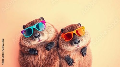 Two funny cute beavers in colorful party glasses having fun posing