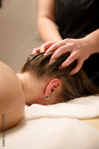 Head massage therapy with hands gently massaging the scalp of a relaxed patient. Spa and wellness concept