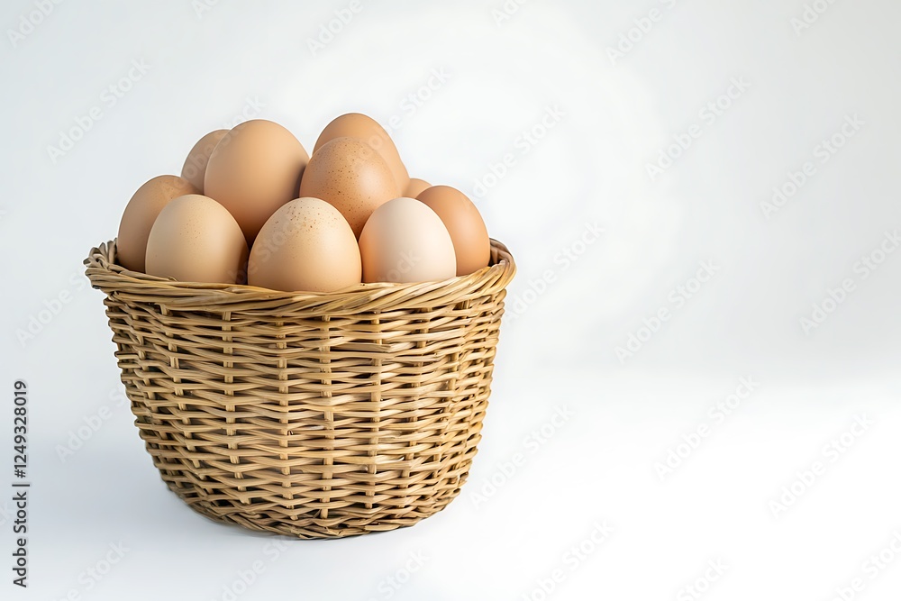 Eggs in a wicker basket on a white background. Eggs in a wicker basket on a white background.