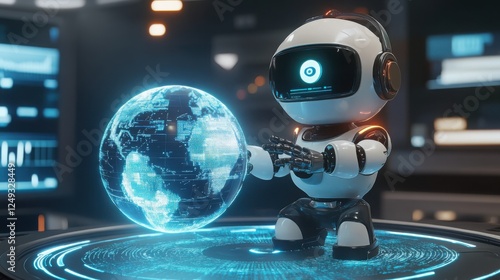 A 3D cartoon humanoid AI robot wearing a headset, analyzing a holographic globe with digital data.