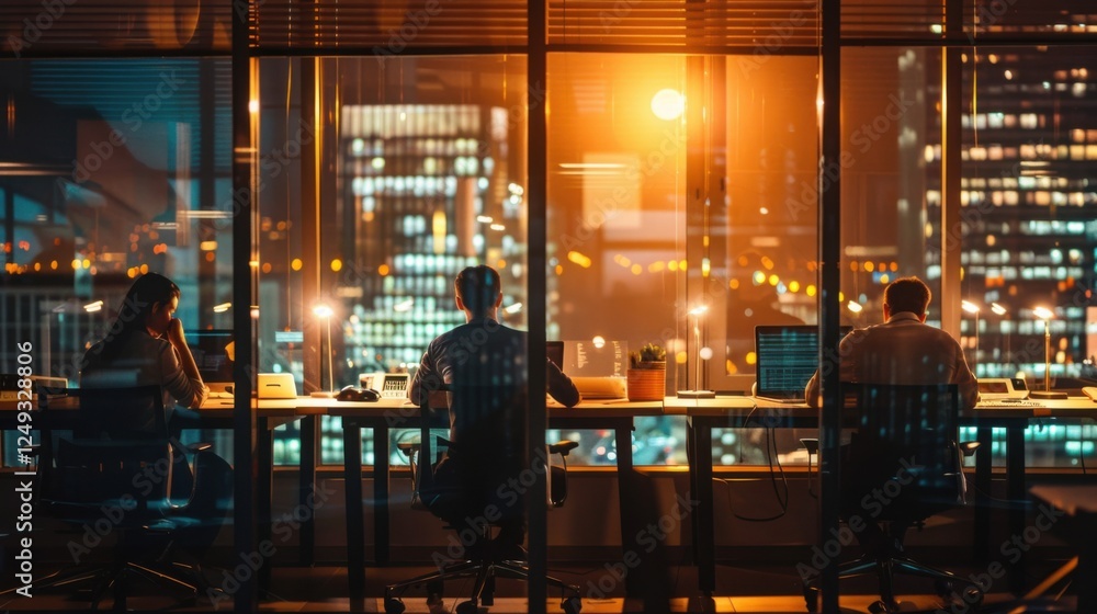 Inspiring Image of a Business Team Working Late at Night in a Modern Office with City Lights Twinkling Outside the Large Windows Inspiring Image of a Business Team Working Late at Night in a Modern Office with City Lights Twinkling Outside the Large Windows