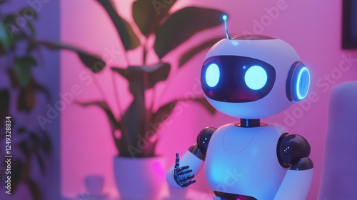 A 3D cartoon robot assistant helping a user with smart home devices, adjusting temperature and lights.