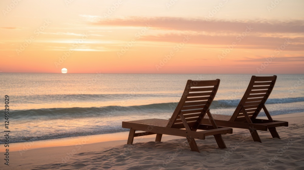 Fototapeta premium Two wooden lounge chairs on the sandy beach, overlooking a serene sunset over the calm ocean waters, creating a tranquil and peaceful atmosphere.
