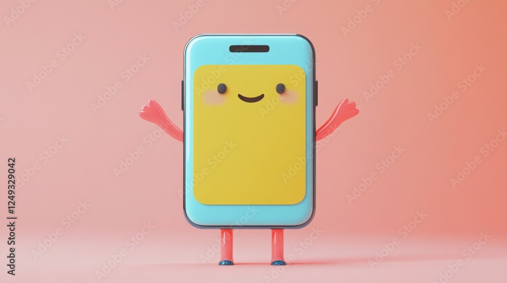 A 3D cartoon smartphone with arms and legs, smiling while displaying a notification.