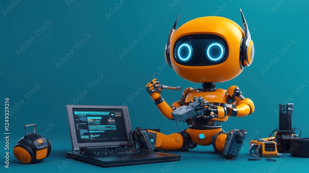 A 3D cartoon tech support character fixing a broken robot with digital tools. A 3D cartoon tech support character fixing a broken robot with digital tools.