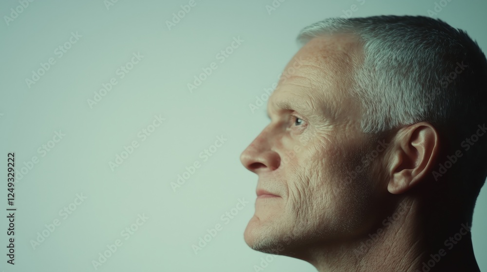 Fototapeta premium A thoughtful elderly man with gray hair looking to the side against a light background.