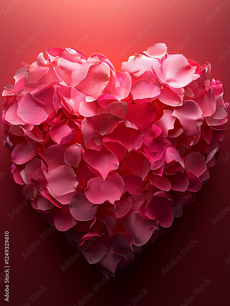 Obraz premium A heart shape composed of numerous delicate pink rose petals against a soft, graduated red background.