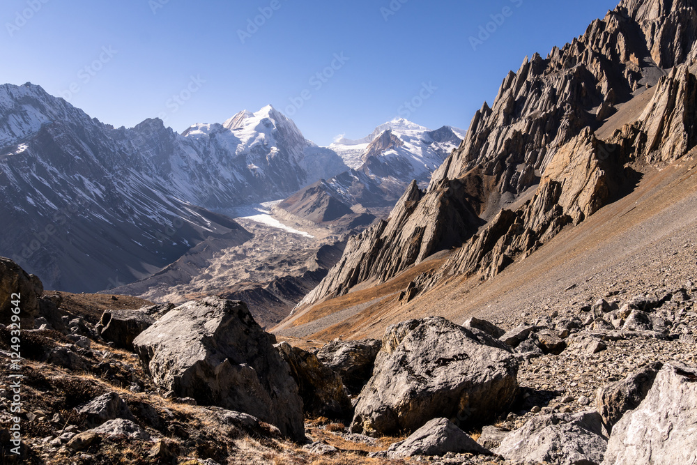 Manaslu Circuit, Nepal: Landscape of the Chinese Tibet border, the Rui La pass, near Samdo in the Himalayas in Nepal with the Panbari Himal in the background