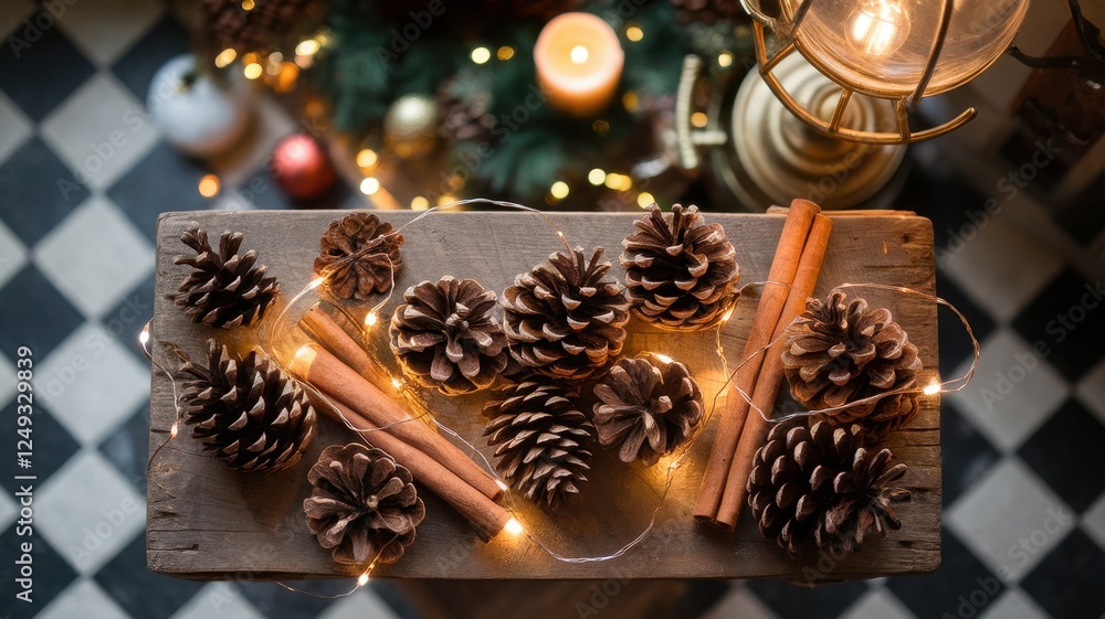 A warm, inviting arrangement of pinecones and cinnamon sticks on a rustic wooden table, illuminated by soft fairy lights, embodying a cozy holiday spirit. A warm, inviting arrangement of pinecones and cinnamon sticks on a rustic wooden table, illuminated by soft fairy lights, embodying a cozy holiday spirit.