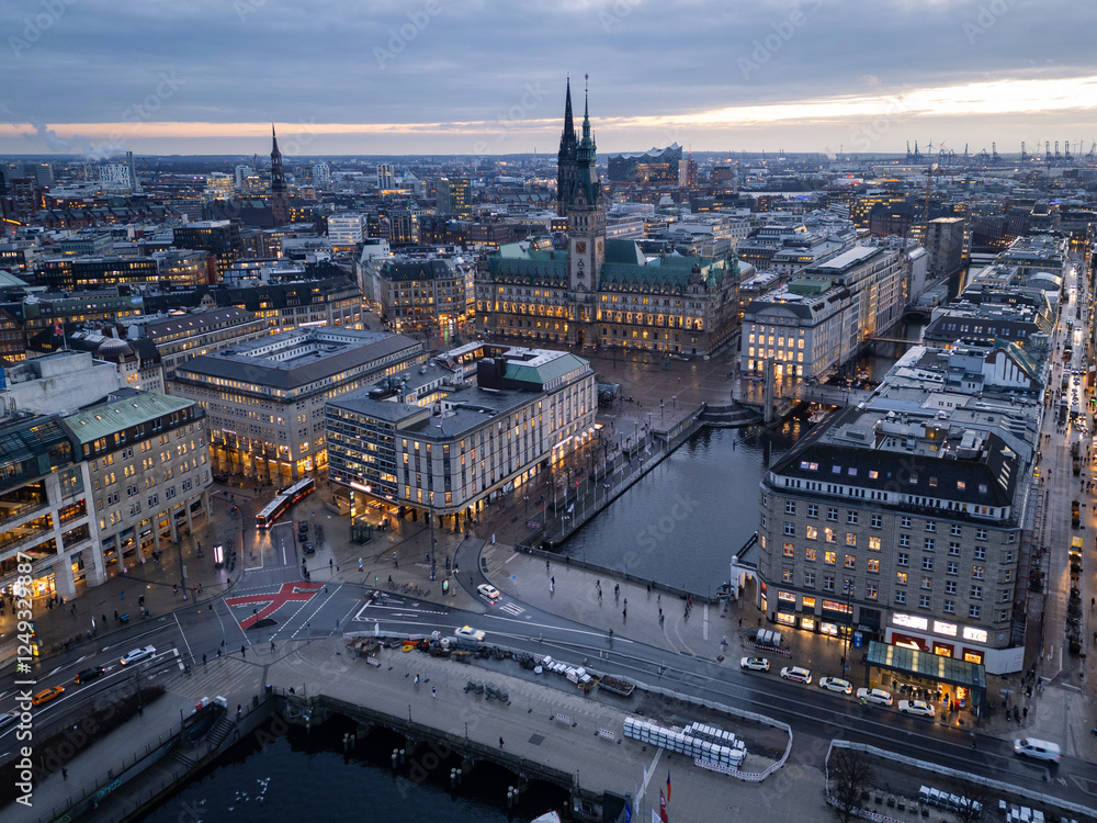 Hamburg, Germany: Aerial of Hamburg city center with the historic city hall building, Rathaus in German, in northern Germany