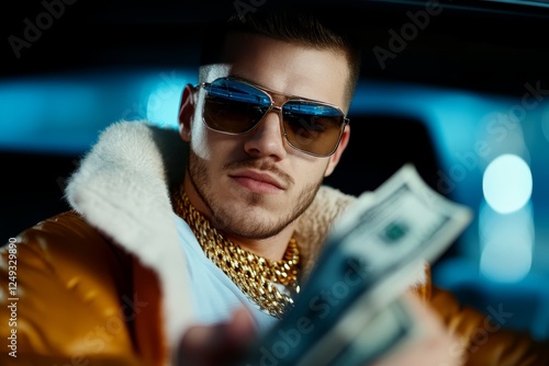 Young man flaunting wealth inside stylish car at night with sunglasses and golden accessories