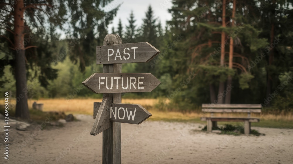 A wooden signpost with arrows pointing to 'Past', 'Future', and 'Now', set in a serene natural landscape surrounded by trees. A wooden signpost with arrows pointing to 'Past', 'Future', and 'Now', set in a serene natural landscape surrounded by trees.