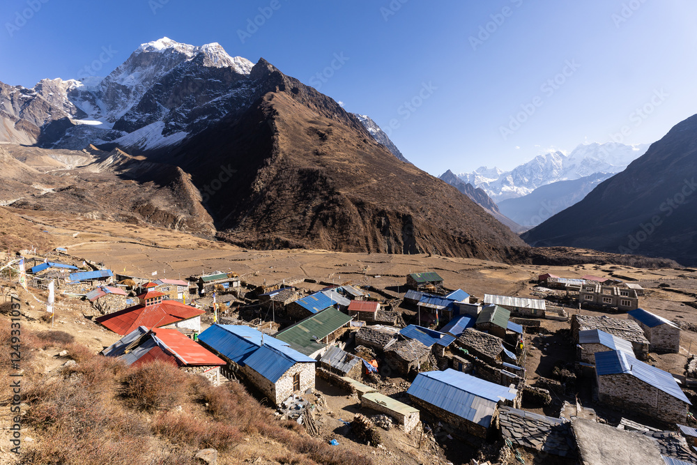 Samdo, Nepal: Panoramic view of the Tibetan village of Samdo along the Manaslu circuit trek in the Himalayas in Nepal.