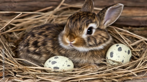 Brown Bunny Sitting Calmly In Nest With Two Speckled Eggs On Straw Background.