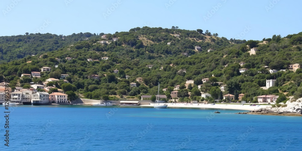 Peaceful beach on Porquerolles Island with crystal clear turquoise waters, golden sand, and lush greenery in the background, coastline, nature, leisure Peaceful beach on Porquerolles Island with crystal clear turquoise waters, golden sand, and lush greenery in the background, coastline, nature, leisure