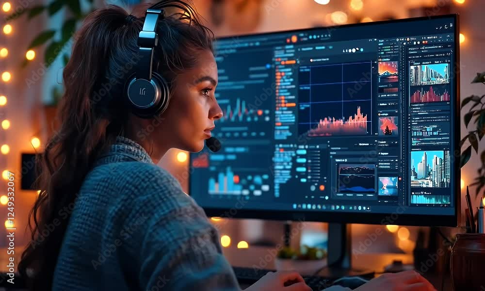 Woman analyzes data on large monitor at home office, night Woman analyzes data on large monitor at home office, night