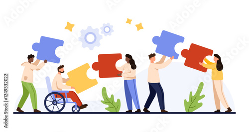 Business teamwork, corporate partnership success. Office team with inclusion of employees with disability holding puzzle pieces to connect and build strong community cartoon vector illustration