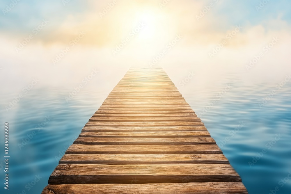 Serene Wooden Pier Extending Over Calm Water Under Bright Sunlight Serene Wooden Pier Extending Over Calm Water Under Bright Sunlight
